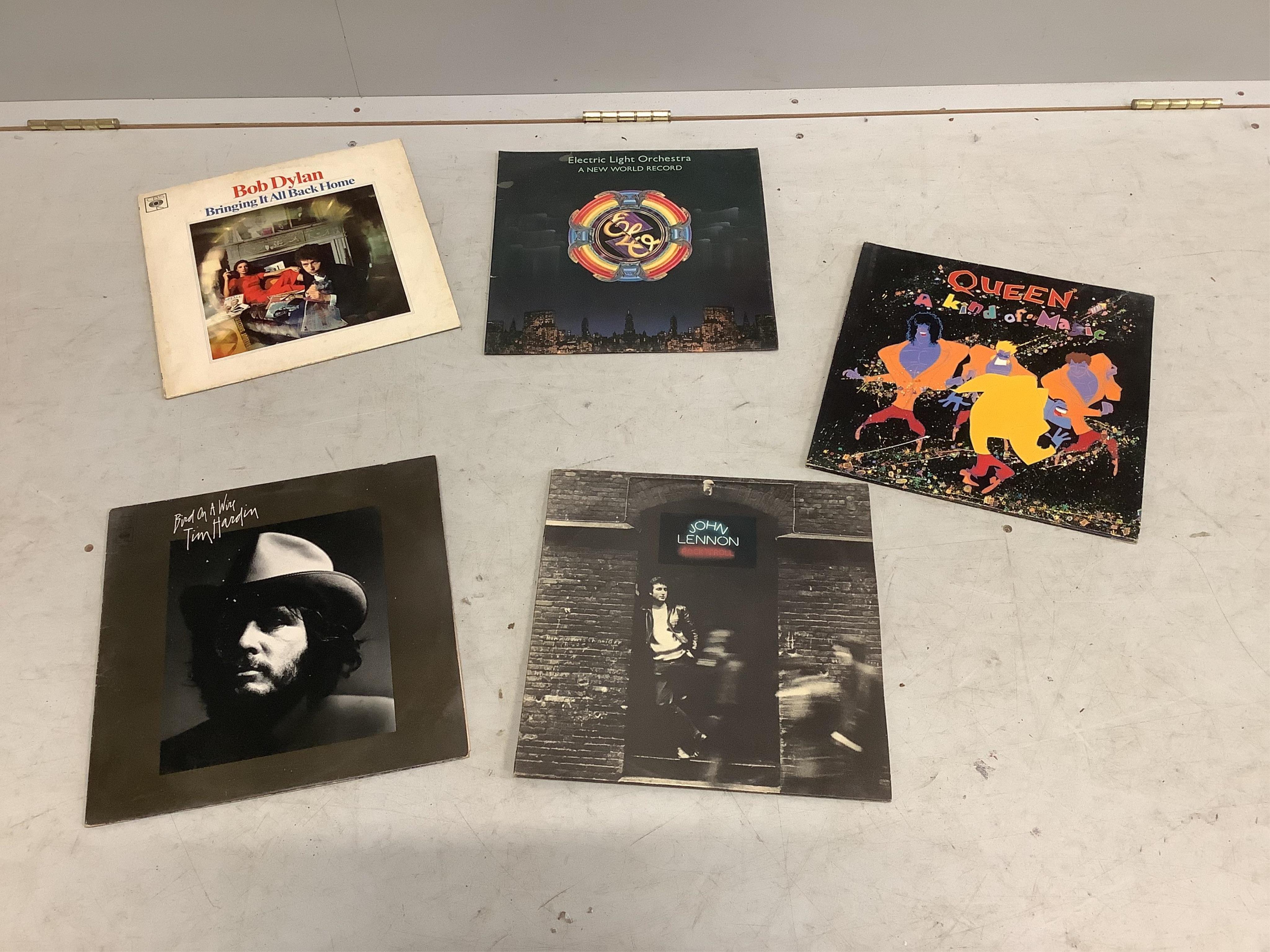 A collection of LP record albums; artists include Diana Ross, Bryan Ferry, George Harrison, Bob Dylan, Elton John, Cat Stevens, Neil Diamond, Shirley Bassey, The Monkees, Joan Armatrading, The Beatles, etc. together with